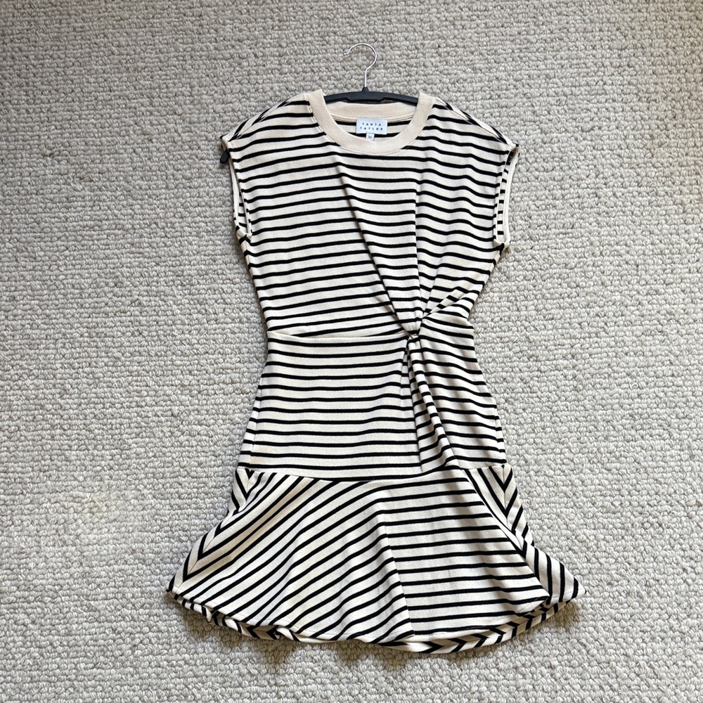 Tanya Taylor Navy and Cream Striped Midi Dress